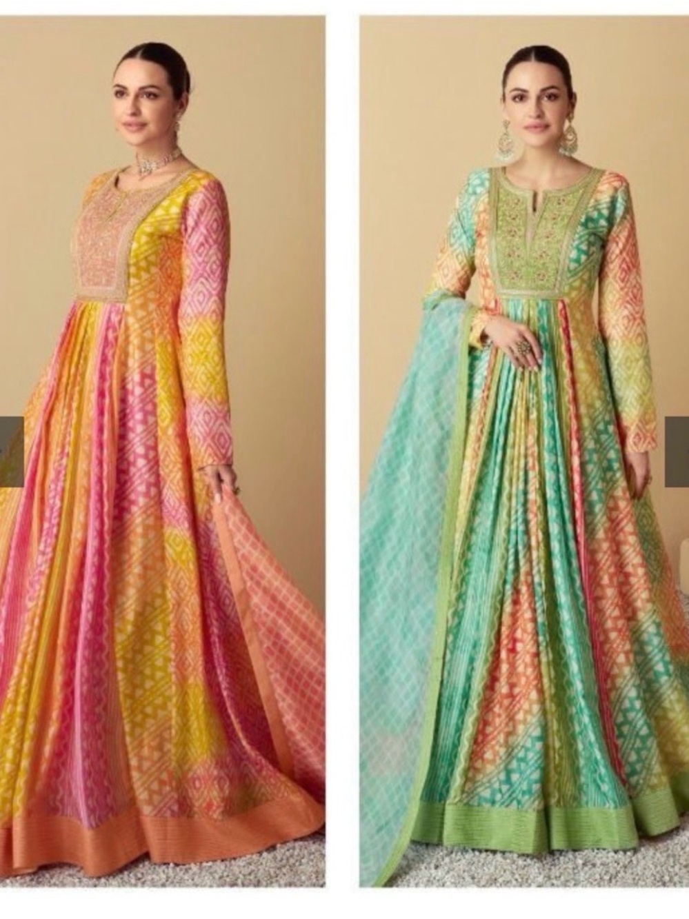Vibrant Multicolor Long-Sleeve Anarkali Dress with Embroidered Yoke